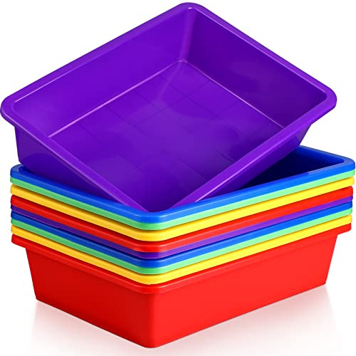 Hoteam 10 Pcs Flat Storage Organizer Tray Bin Letter Size Paper Tray for Classroom Plastic Stackable File Organizer for School Office Teacher Book Organization（ Multicolor, 13.78 x 9.84 x 3.15 Inch）
