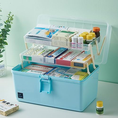 NCRGB Medikamenten Aufbewahrung,Hausapotheke Box,Boxen Aufbewahrung,Lego Aufbewahrungsboxen,Medizinbox 3 Ebene Medizinkoffer Erste Hilfe Koffer mit Tragegriff,Bastelbox(33x18x 22.5cm, Blau)