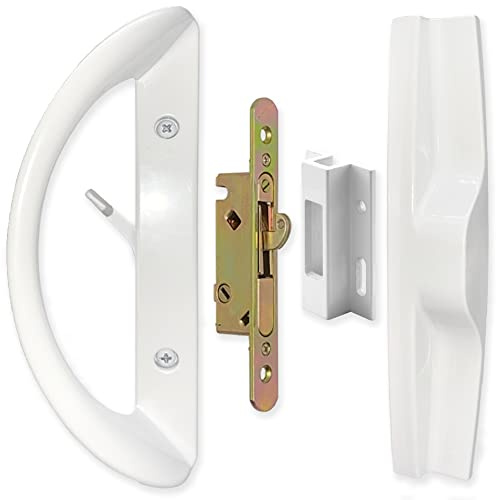 ALLYWASAI Patio Sliding Door Handle Set with Mortise Lock, Face Plate and Keeper, Replacement Handle Lock Set Fits Door Thickness from 1-1/2 to 1-3/4, 3-15/16 Screw Hole Spacing, Non-keyed, White
