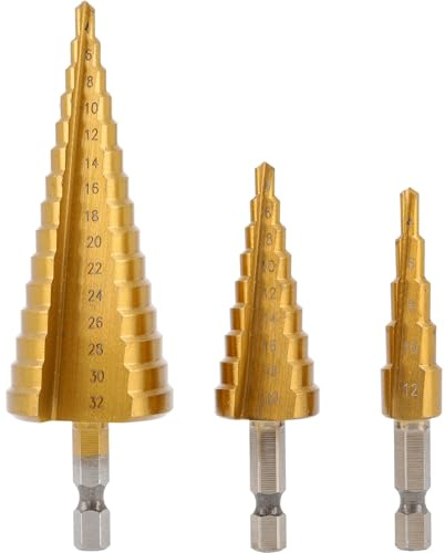 Högert Technic stegborr SET, HSS skalborr, 4–12 mm, 4–20 mm, 4–32 mm, titanbelagd, HEX 1/4 tum, konisk borr för metall, trä och plast, konisk borr