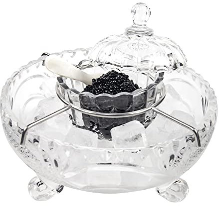 Duebel Ensemble de service à caviar, bol en verre divisé et cuillères en nacre – Service pour caviar, refroidisseur de crevettes