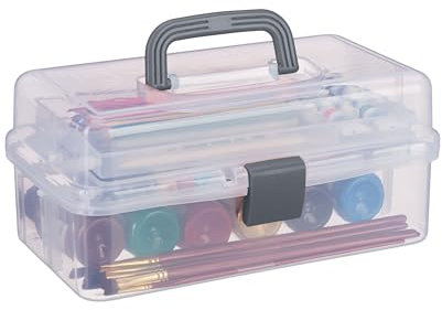 Relaxdays Aufbewahrungsbox 9 Fächer, Sortierbox Bastelmaterial, Nähzeug, HxBxT: 14,5 x 33 x 19 cm, transparent/grau