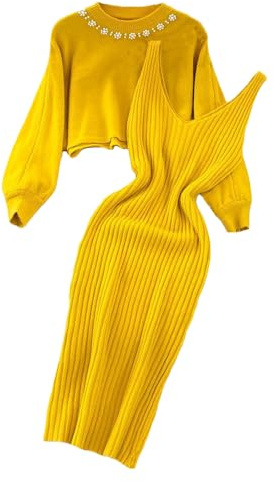 Tinetill Maglione Donna Abito a Due Pezzi - Girocollo Pullover Top e Vestito Midi Lavorato a Maglia - Elegante Casual Invernale