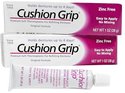 Cushion Grip Thermoplastic Denture Adhesive 1 oz (2-Pack) – Refits & Tightens Loose Dentures, Works Like a Soft Reliner for a Secure Custom Fit, Long-Lasting Comfort, Waterproof, Zinc-Free