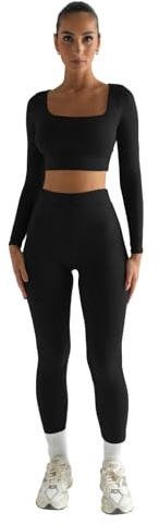 Havejoy Vetement Sport Femme Fitness Ensemble Deux Piece Legging et Crop Top Col Carré Tenue de Yoga Fitness Casual Survêtement Hiver pour Jogging Gymnastique Training Danse Pilate Workout Sweatsuit