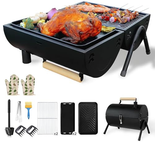 HYQNG Portable Charcoal Grill Folding Barbecue Grill Set Double Sided +Barbecue Pan Net+6PCS Tools, Outdoor Camping BBQ Grill, Chimney Tabletop Grill for Backyard Party Cooking black