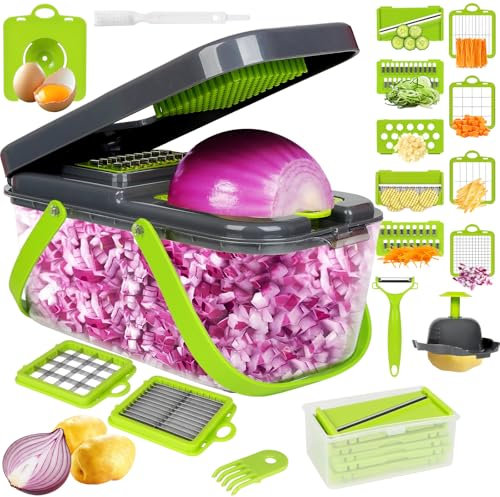 MUUKAIII Multifuncional Mandolina de Cocina, Portabilidad Cortador de Verdura, 20 En 1 Vegetable Chopper, con 13 Cuchillas Intercambiables, Rallador de Verduras y Ques, para Patatas Cebolla Zanahoria