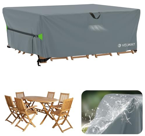 Velway Housse Salon de Jardin Imperméable - 200x160x74cm Housse Table de Jardin avec Boucles Coupe-Vent Protection pour Tous Les Temps pour Table et Chaise d'extérieur - Gris
