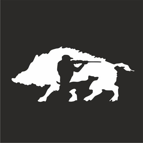 AMA SHOP Aufkleber Jäger mit Wildschwein | Farbe Weiß | geeignet für Auto- und Motorradhelm | Leidenschaft für die Jagd | Aufkleber | Leidenschaft für Motorrad