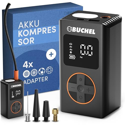 Büchel Mini bomba de aire con batería de 10,3 bar/150 PSI y adaptador para válvulas comunes – Compresor de batería con manómetro digital – Bomba de bicicleta eléctrica recargable USB-C con banco de