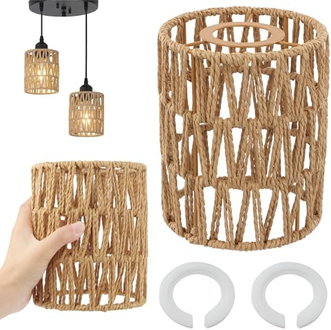 Pantallas de Ratán, 2 Pantallas Bohemias para Lámpara con 2 Anillo Adaptador, Lámpara Boho Colgante y de Pie, Lámparas de Mimbre Colgantes, para E27, E14 Lámparas de Mesa, para Hotel Decoración