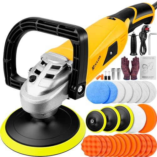 Rivlox Car Polisher and buffers, 1600W 5/6/7 Inch Rotary Buffer Polisher Machine Kit with 7 Variable Speed 800-3500RPM,with D and Side Handles, for Cars, Vans, Caravans, Sponge and Wool Pads Included
