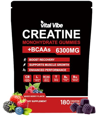 BCAA Gummies with Creatine 6300mg - High Strength EAA Essential Amino Acids - 180 Counts, 2 Month Supply - Pre Workout Energy, Muscle Strength - L-Taurine & B12 - Vegan Chewable Gummies 60 Servings