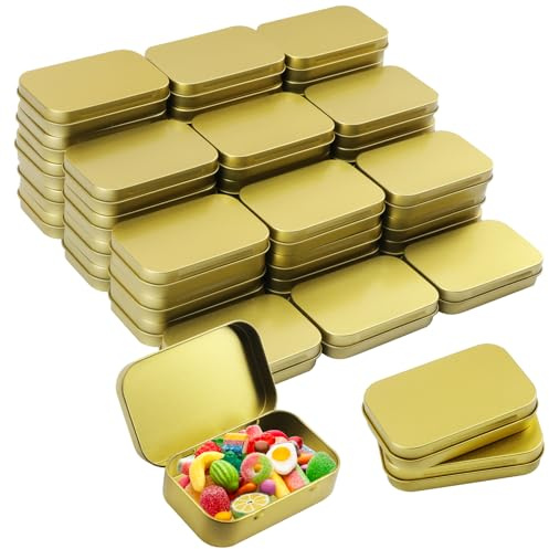 Yiksonyo 40 Pack 3.8 Inch Metal Tins with Hinged Lid, Rectangular Hinged Tins for Candles, Keys, Cosmetics, Candy, Jewelry, Craft (3.8 x 2.45 x 0.8 Inch, Golden)