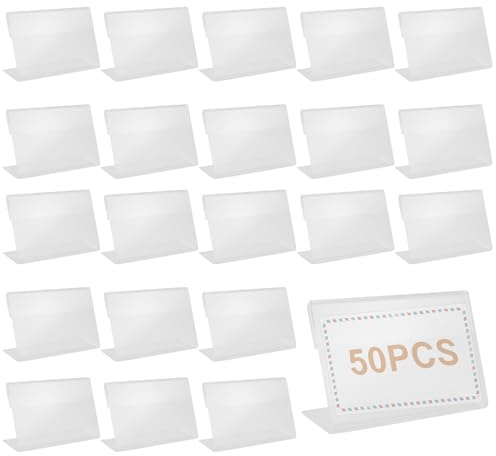 50 Pezzi Porta Etichette Trasparente, (8 x 5 cm) Mini Porta Cartellini in Acrilico, Supporto Espositore in Plastica a Forma di L, Adatto per Scaffali di Negozio/Panetteria/Drogheria