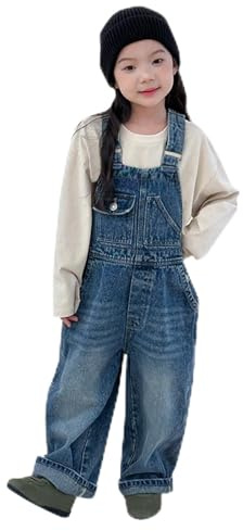 Overol para niñas, sin mangas, con tirantes ajustables, overol de mezclilla suelto, para adolescentes y niños, jeans de pierna ancha con bolsillos, lindo mameluco, azul, 13-14 años