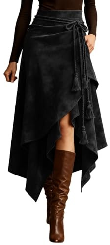 Gonna da donna in pelle scamosciata, stile cowgirl, vintage, hippie midi, gonna occidentale, cowboy, orlo asimmetrico, abito lungo gotico, gonna da donna a vita alta, gonna invernale, O nero., XL