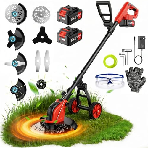 Decespugliatore a Batteria, Tagliabordi a Batteria 30 cm con Motore Anteriore Brushless, 2 x 3000mAh, 20000 Giri/min, 4 Lame, Asta Regolabile, per Prato, Erba Alta, Bordi e Giardino