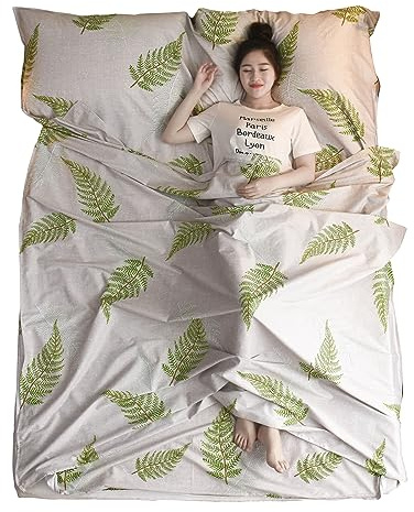 Azarxis Sovsäcksfoder – enkel och dubbel storlek 100% bomull reselakan med kuddplats – lätt kompakt sovsäck säck för campinghotell, vandrarhem, vandring (beige, 180 cm × 210 cm)