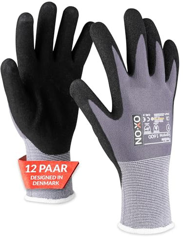 OX-ON FLEXIBLE SUPREME 1600 Arbeitshandschuhe Gr.7 I 12 Paar atmungsaktive Schutzhandschuhe mit Nitrilbeschichtung I Graue Mechanikerhandschuhe mit hohem Tastgefühl & Grip I EN Zertifizierung