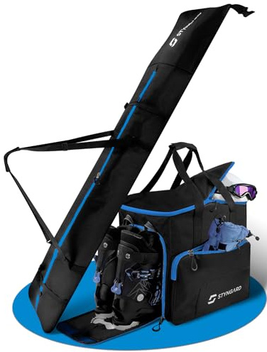 STYNGARD Salzburg Lot de 4 Sacs de Ski avec Haut Roulant (140 cm-200 cm) et Sac à Chaussures de Ski avec Compartiment pour Casque, Sac de Casque, Brosse (Noir-Bleu)