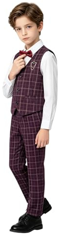 LOLANTA 4 Pezzi Ragazzo Panciotto Elegante da Completo,Gilet Panciotto da Cerimonia, Set de Gilet,Camicia,Pantaloni, Papillon(8-9 Anni,Rosso,Tag 140)