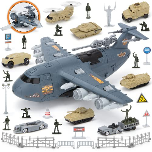 XDUOYJOY Jouet d'avion militaire, jouets de l'armée avion de chasse avec 8 véhicules, kits de voiture pour hommes, camions, avions, hélicoptères, cadeau d'anniversaire pour garçons âgés de 4 à 7 ans