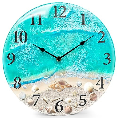 Coastal Nautical Glass Wall Clock with Seashell Design and Aesthetic Beach Theme - Battery Operated Silent Wall Decor for Home, Kitchen, Living Room, Office, Bedroom, or Bathroom (12 Inch,Teal)