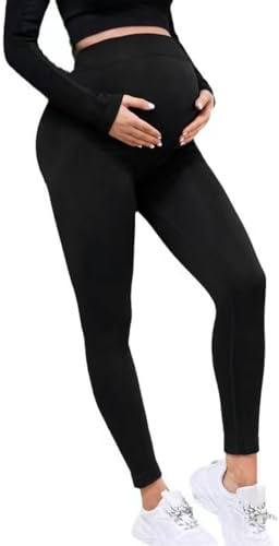 Legging de grossesse long pour femme - Pantalon de grossesse - Stretch - Opaque - Pantalon de yoga - Pantalon de jogging - Pantalon de loisirs pour femmes enceintes, Noir , M