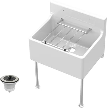Balterley Utility Sink with Grill, Waste and Legs, Fireclay Ceramic Cleaner Sinks, Traditional Wall Mounted Mid Splashback Utility Outdoor Sink Unit for Garage and Laundry - 515 x 393 x 382mm (White)
