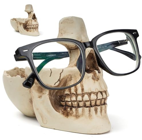 Schädel Brillenhalter Stand mit Storage Tray, Brillenhalter Im Totenkopf-Design, Harz Schädel Kopf Skulptur Statue Brillenhalter, Dekorativer Brillenhalter, Heimdekoration, Präsentationsständer (Weiß)