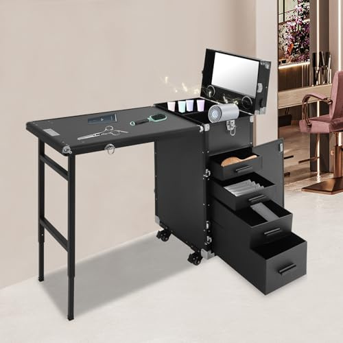 EurHomePlus Carrello Tavolo Manicure Professionale con Aspiratore, 4 Cassetti e Specchio – Valigia Estetista Portatile per Unghie e Trucco Pieghevole