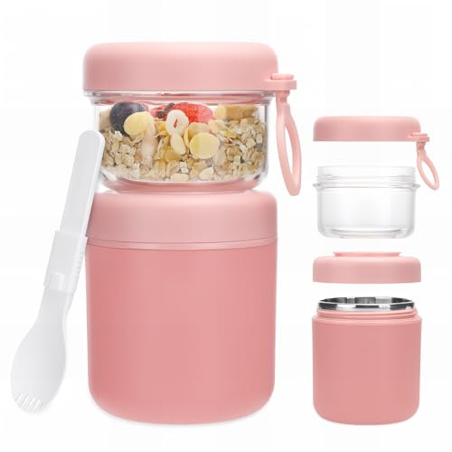 Bugucat Gobelet à céréales à emporter en acier inoxydable - 530 ml + 330 ml - Anti-fuite - Avec cuillère - Boîte à sandwich pratique - Division pour yaourt et céréales - Pour le travail, l'école, le