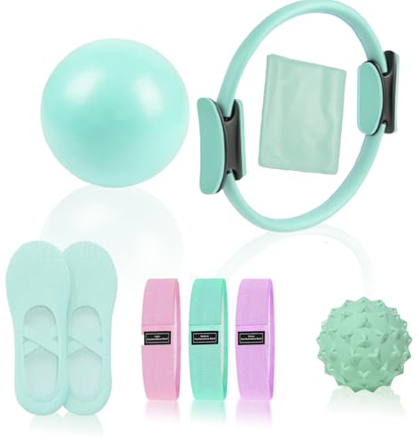 Pilates Essentials Kit for Women, Pilates Equipment, for Home Workouts with Ring and Ball Set, 3pcs Booty Bands, Yoga Bands for Stretching, Fascia Ball, Yoga Socks (Green)