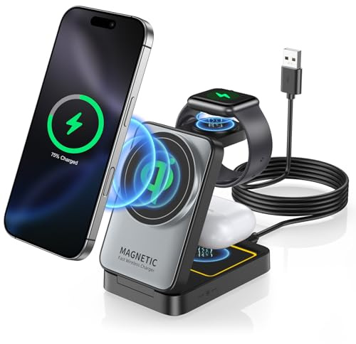 3 in 1 Ladestation Apple Watch und iPhone, Induktive Ladestation Ladegerät für iPhone 16 15 14 13 12 11 Pro Max SE X XS XR 8 Serie & Apple Watch & Air Pods Pro, Kabelloses Wireless Charger