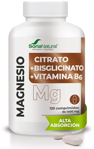 Soria Natural Magnesio Citrato + Bisglicinato + Vitamina B6 de ALTA ABSORCIÓN - Contribuye con la Energía, Sistema Nervioso y Músculos - 120 comprimidos