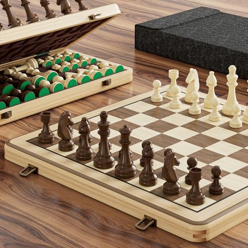 Magnetiskt schackspel 38 cm (15 tum) – vikbart schackbräde av furu med kaffebruna dubbelsidiga förvaringsinlägg, 2 ersättnings- och dammskyddspåsar (naturlig)