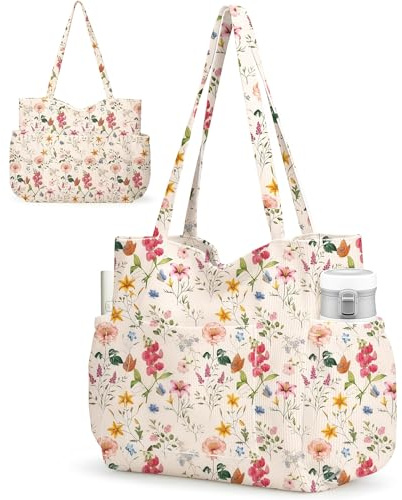 Vesavifaka Large Corduroy Tote Bag for Women - Cute Aesthetic Shoulder Reusable Canvas Bags with Zipper Multi-Pocket for School Gym Work Travel - Vintage Floral