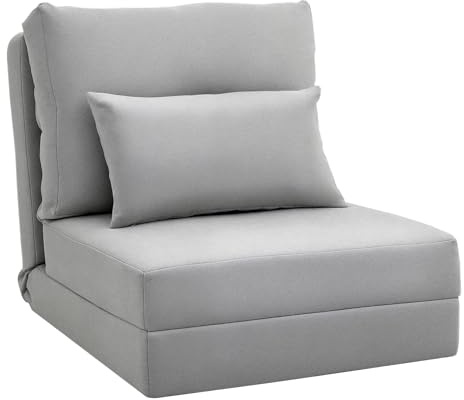 HOMCOM Sofá Cama Individual Plegable 3 en 1 Sillón Cama Gris Claro | Tapizado en Lino, Respaldo Ajustable 5 Posiciones, Marco Metálico, Almohadas, para Dormitorio, Salón, para Dormir