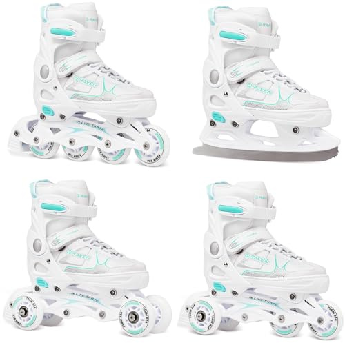 RAVEN 4in1 Inline Skates Pattini in linea Triskates Pattini a rotelle/da ghiaccio per bambini e adulti regolabili (Spirit White/Mint, 37-40 (23,5-26cm))