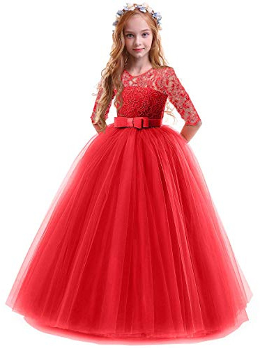 IWEMEK Robe de demoiselle d'honneur en dentelle florale à manches 3/4 pour filles, robe de première communion, concours de beauté, princesse, anniversaire, carnaval, Noël, fille d'honneur, mariage
