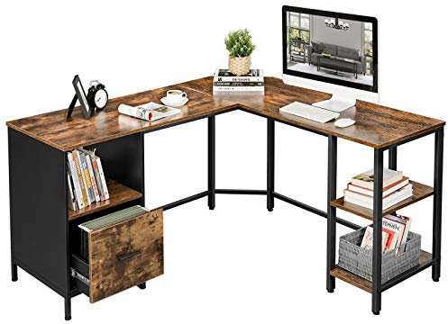 VASAGLE Table en Forme de L, Bureau d'angle, avec Caisson à dossiers Suspendus, 2 étagères, Bureau à Domicile, Montage Facile, Cadre en Acier, Style Industriel, Marron Rustique et Noir LWD75X
