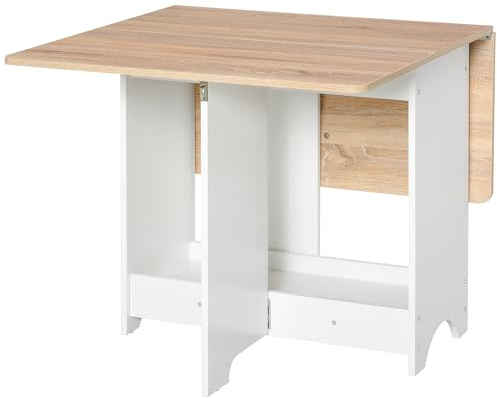 HOMCOM Tavolo Consolle a Ribalta Salvaspazio Color Legno e Bianco | Con Vano Mensola, Tavolino da Salotto e Cucina, Pieghevole, 118x80x72cm