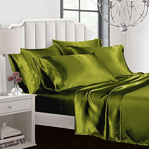 Todd Linens Soft, 6-Piece Duvet Cover Set Silky Polyester Satin -100 GSM Fabric, Breathable, Cool, & Moisture-Wicking Comforter Sleeve (Olive, Double)
