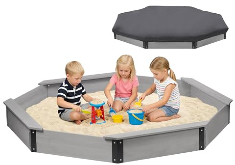 85''x78''x9'' Wooden Octagon Sandbox with Cover, Large Sandpit for Kids Outdoor Patio Backyard Play, Easy & Quick Assemble