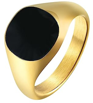 PAMTIER Anello da Mignolo da Uomo in Acciaio Inossidabile Anelli con Sigillo in Smalto Nero Quadrata Semplice Fede Nuziale Piccolo Oro Taglia 14