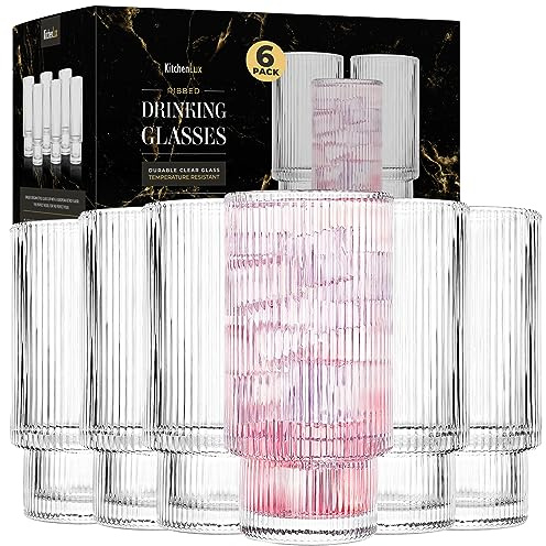 Kitchen Lux Ribbed Drinking Glasses - Ribbed Glass Cups 12 oz - Ribbed Glassware Set of 6 - Textured Vintage Retro Ripple Aesthetic Glass Ware for Whiskey Cocktail Beer Water, Coffee Bar Accessories