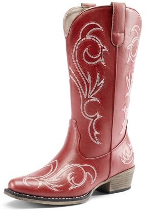 DREAM PAIRS Stivali da cowboy da donna, metà polpaccio, stivali da cowgirl, punta quadrata, tacco grosso, ricamati, stivali western, stivaletti invernali, Rosso, 8.5