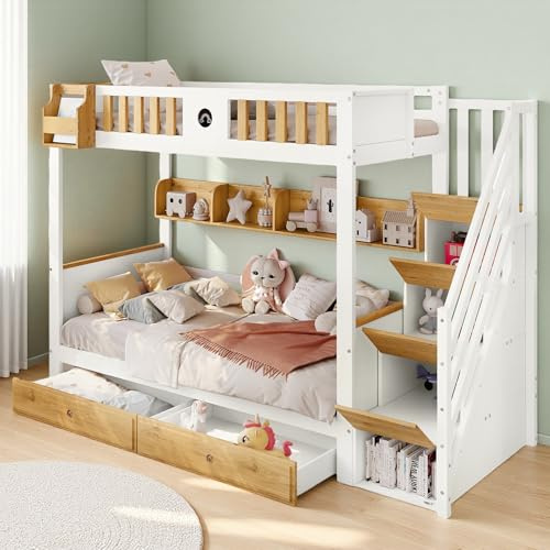 Litera Infantil 90 x 200 Con Escalera, Cabaña de 2 Plazas, Entrepiso Con Almacenamiento, Barrera, Somier y Armarios Cajones