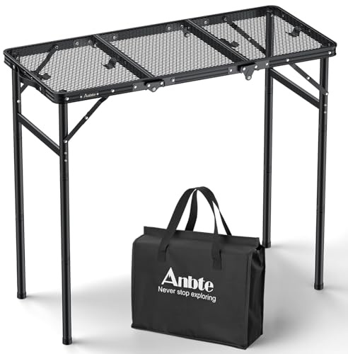 Anbte Mesa Camping Plegable 90x40x27.3/51/74.7cm Alturas Ajustables Mesa de Acampada Mesa de Parrilla de Metal para Cocinar Barbacoa al Aire Libre de Viaje Negro